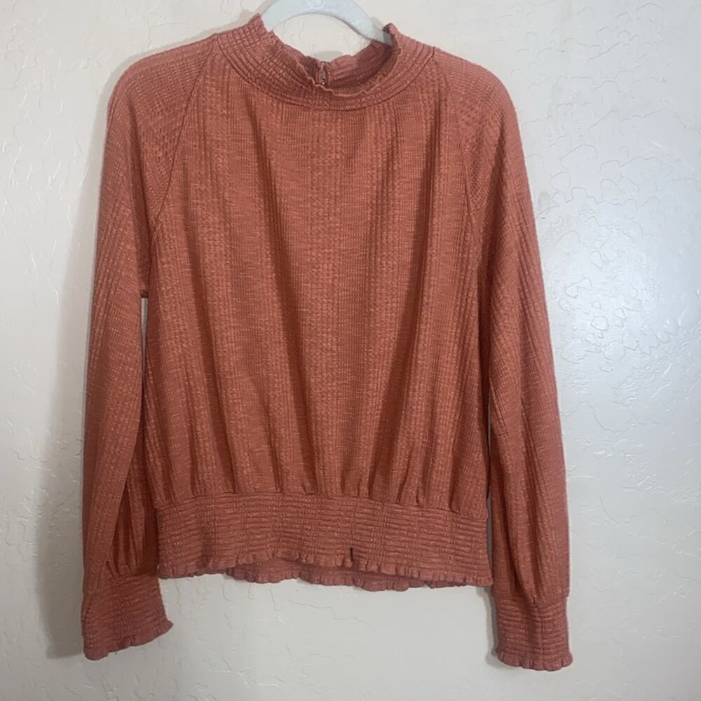 Free People Boulevard Ruffle long sleeve mock neck turtle neck Top in Coral - Picture 7 of 7
